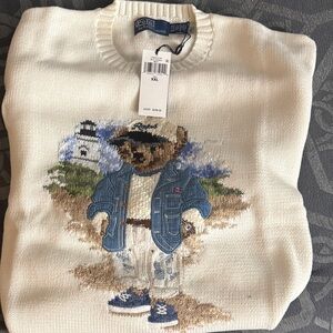 Polo by Ralph Lauren Men's Cream Crewneck Sweater with Bear Graphic